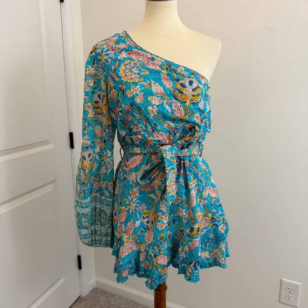 Hemant and Nandita Floral One Shoulder Cotton Eyelet Mini Dress Size Large